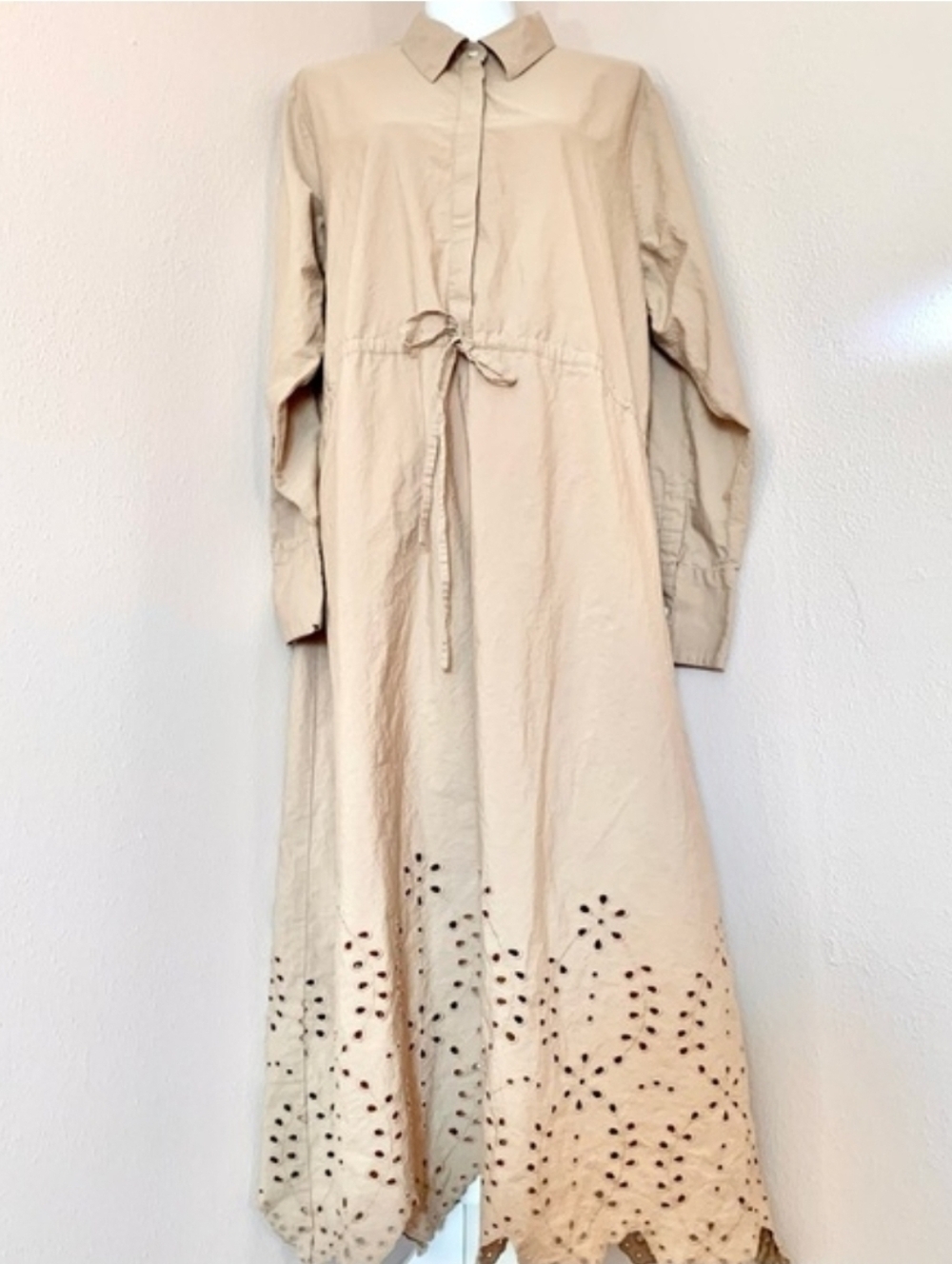 Sweet Magnolia Tan Long Sleeve Drawstring Cut Out Shirt Cotton Dress.